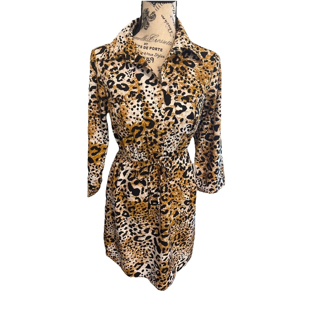 MPH Collection Animal Print Shirt Dress Petite Small Buttons Sash